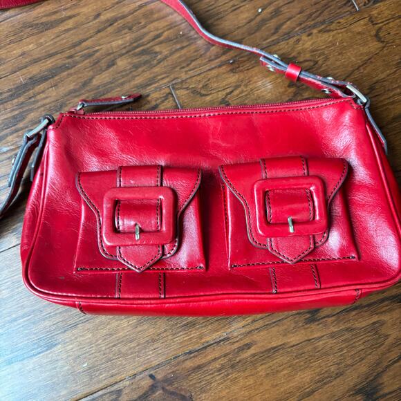 Kenneth Cole Red Leather Town Square Top Zip Shoulder Bag Buckle 90s Y2K - Picture 8 of 12